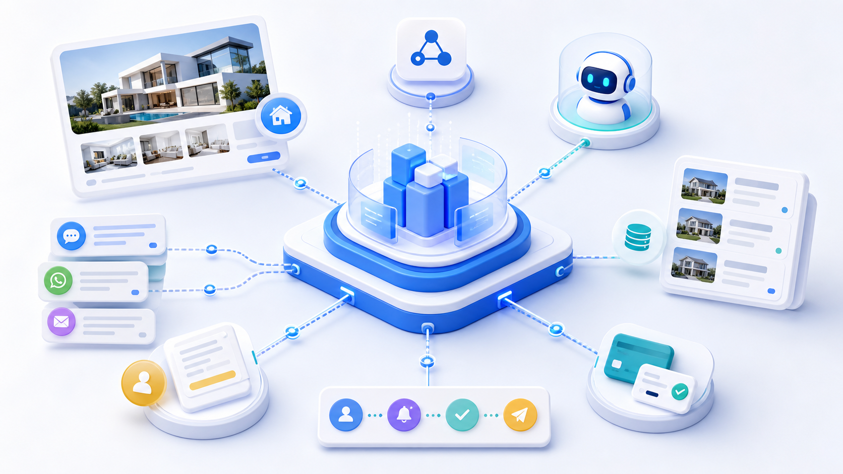 Редакційний візуал MyDeal CRM з API, MCP, AI-агентом, сайтом, месенджерами та базою об’єктів