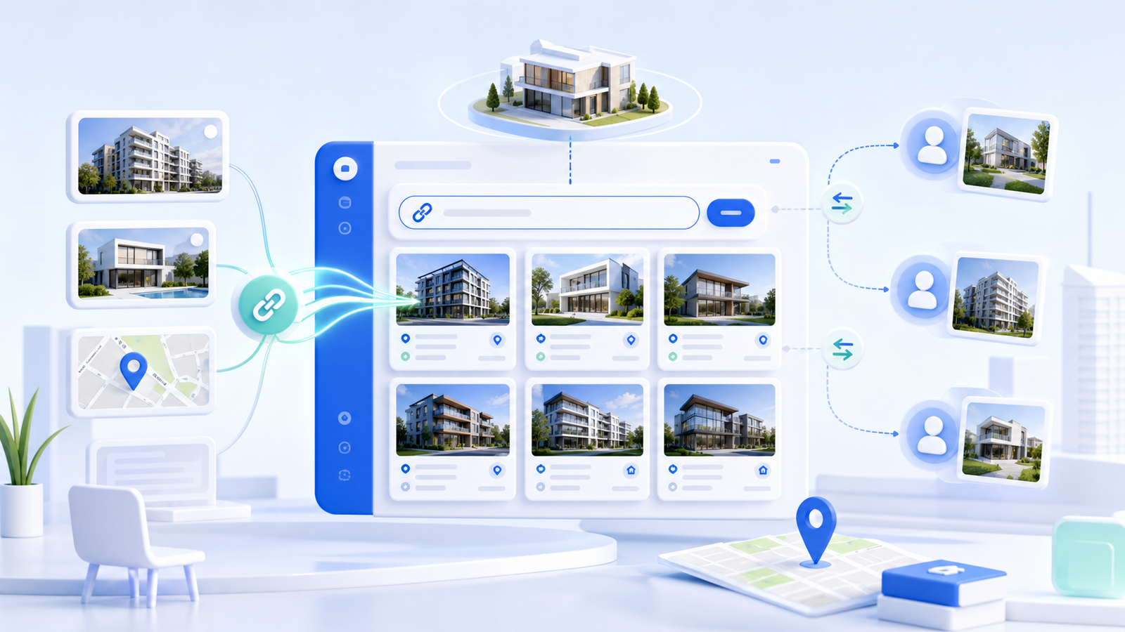 Редакційний візуал MyDeal MLS з імпортом об’єктів за посиланням, картками нерухомості й обміном між агентами