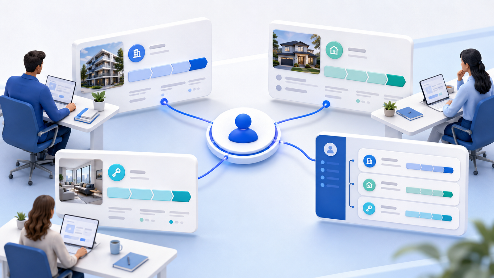 Редакційний візуал MyDeal CRM з одним клієнтом і кількома паралельними сценаріями роботи