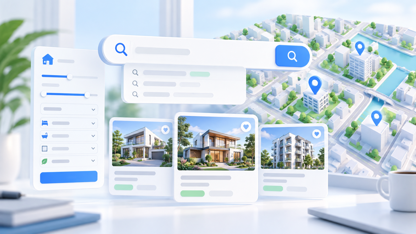 Редакційний візуал MyDeal CRM із пошуком об’єктів, фільтрами та 3D-картою